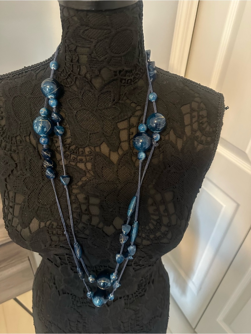 Layered Navy Bead Necklace for Women 74”